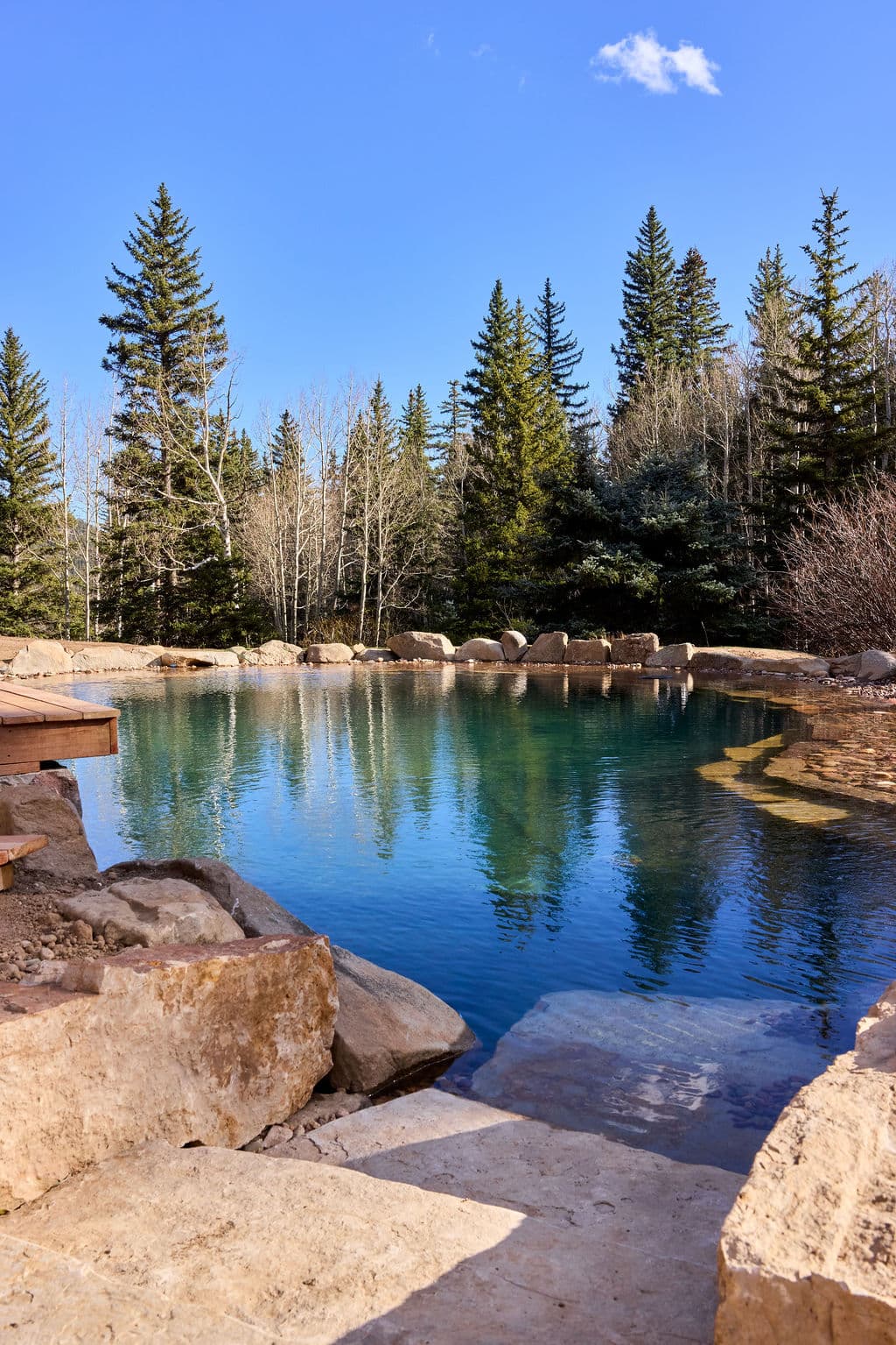 Tranquil lake surrounded by pine trees and rocky steps on a sunny day.